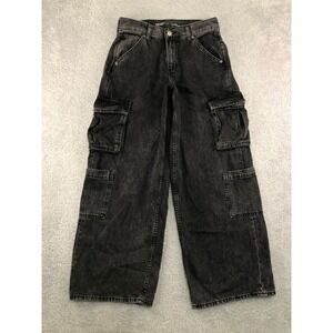 Old Navy Jeans Womens 2 (28x28.5) Black Cargo Baggy Wide Leg Mid-Rise Denim